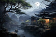 Fantasy landscape with old Chinese architecture and a big full moon