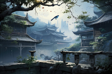 Wall Mural - Fantasy landscape with old Chinese architecture and a big full moon