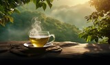 a cup of warm tea against a green forest background. generative AI