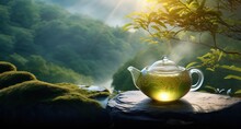 A Cup Of Warm Tea Against A Green Forest Background. Generative AI