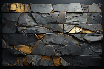 Graphic resources. Abstract black rock, stone or charcoal with dyed golden elements background with copy space. Grunge dark fancy blank objects surface