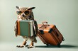 an owl wearing a book costume pulling a travel suitcase