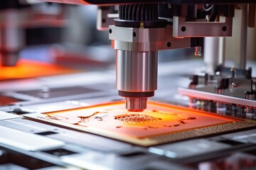 Fototapete - Production of computer chips. Close-up of silicon die and semiconductor wafer