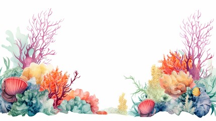 Watercolor illustrations of tropical fish, sea corals, sponges, and algae on a corner frame are used to design and decorate banners, information postcards, posters, beach accessories, and