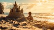 Child playing with a sandcastle on a sunny beach