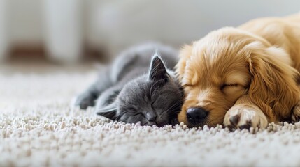 Cuddling cat and dog on white carpet   puppy and kitten sleeping together with text space