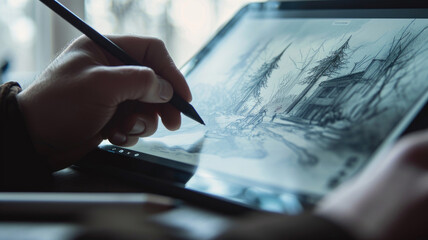 Artist drawing on a digital tablet with a stylus pen