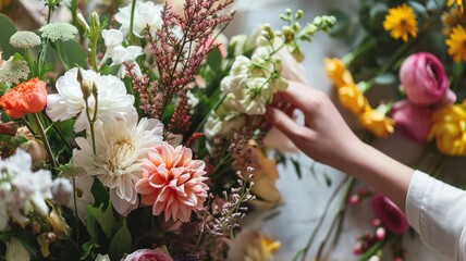 Florist's hand arranging a floral bouquet with diverse flowers