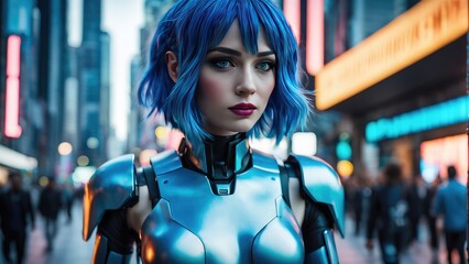 An android girl is walking down a city street. The concept of the world of the future