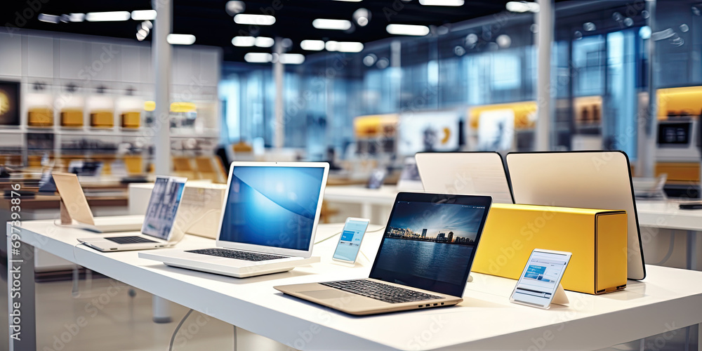 Laptops In Store Laptops in modern technology store, creating a versatile workspace for ...