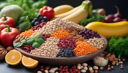 Health food for fitness concept with fruit, vegetables, pulses, herbs, spices, nuts, grains and pulses. High in anthocyanins, antioxidants, smart carbohydrates, omega 3, minerals and vitamins.