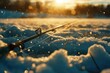 A fishing rod resting on top of snow-covered ground. Ideal for winter outdoor activities