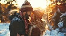 A picture of a man and a woman standing together in the snow. Suitable for winter-themed projects
