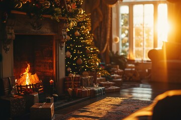 Poster - A cozy fireplace with a beautifully decorated Christmas tree in the background. Perfect for creating a warm and festive atmosphere.