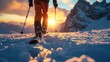 A person on skis walking through the snow. Suitable for winter sports and outdoor activities