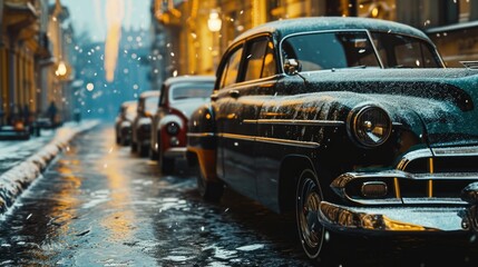 An old car parked on the side of the street. Suitable for vintage car enthusiasts or urban scenes