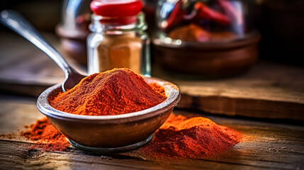 Wall Mural - Paprika powder in a wooden bowl on a table