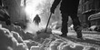 A person is shoveling snow from a sidewalk. This image can be used to depict winter, snow removal, or cold weather conditions