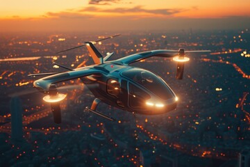 Wall Mural - A helicopter flies over a city at night, capturing the bright lights and bustling activity below. This image can be used to depict urban life, transportation, or aerial views of a cityscape