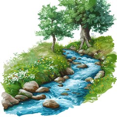 Poster - A beautiful scene of a river running through a vibrant and dense green forest. Perfect for nature lovers and outdoor enthusiasts