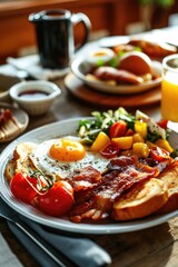 Canvas Print - A plate of breakfast food is placed on a table. This image can be used to depict a delicious morning meal