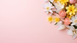 Fototapeta Desenie - Pretty spring flowers on pastel background with copy space for your design. Springtime holidays and spring background concept