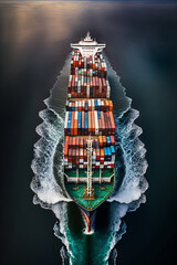 Top view of a container ship freight transportation by a container ship on the high sea. Generative AI,