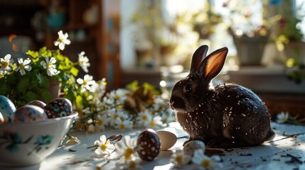 Easter eggs and a hare as a symbol of the holiday on a wooden table, holiday card