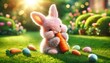 pink Easter bunny eating carrots and colorful Easter eggs scattered around on the green grass