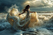 girl dancer in a white dress standing among the foaming waves of a stormy ocean at sunset.