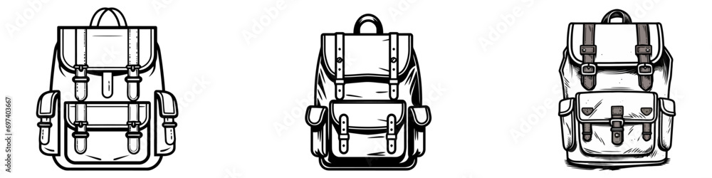 Set of Backpack bag flat sketch fashion illustration drawing template ...