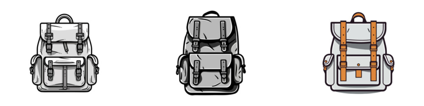 Set of Backpack bag flat sketch fashion illustration drawing template mock up, Backpack cad drawing