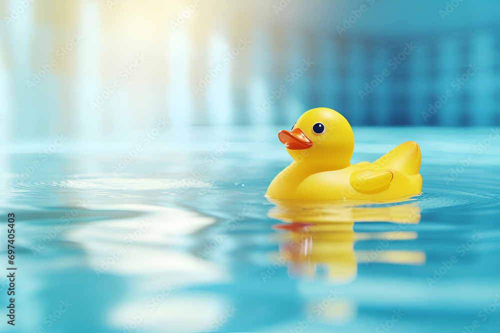 Sunny yellow rubber duck floating on water in the pool with glimmering ...
