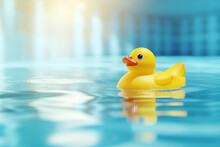 Sunny Yellow Rubber Duck Floating On Water In The Pool With Glimmering Light Reflections, Evoking Summer Joy. Perfect Kids Swimming Tool For Summer Joy