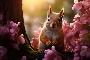 Wall Mural - 
Cute squirrel and beautiful flowers in the garden