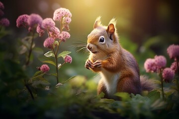 Wall Mural - 
Cute squirrel and beautiful flowers in the garden