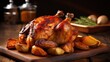 Tasty roast chicken on wooden table