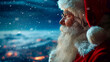 close-up of Santa's face. you can see his eyes and wrinkles, gray beard. a kind and a little tired old man. Generative AI