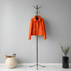 Wall Mural - Coral jacket hanging on coat rack on light grey wall