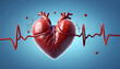 Red heart with a cardiogram, a phonendoscope and blood cells flying and floating in air on a blue background. Creative concept Fighting cardiovascular diseases and Heart health. 