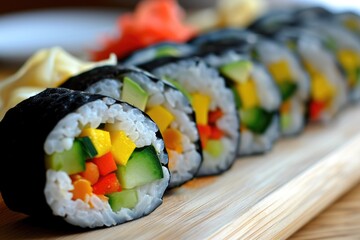 Wall Mural - Japanese Culinary Art: Futomaki Vegetable Roll, Offering a Fresh and Delicious Sushi Experience with a Symphony of Authentic Flavors.