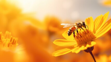 Wall Mural - Bee pollinating a vibrant yellow flower