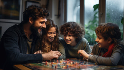 Family enjoying a board game together at home