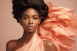 elegant african american woman in peach-colored chic, pantone, peach fuzz