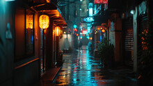 gloomy alleyway with bokeh neon signs