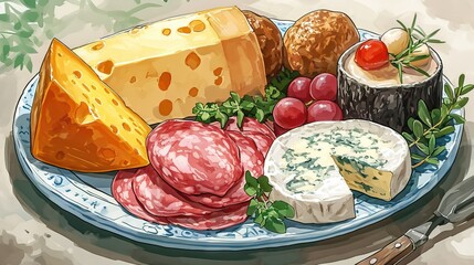 Wall Mural - a cartoon of a plate of various cheeses and meats, charcuterie 