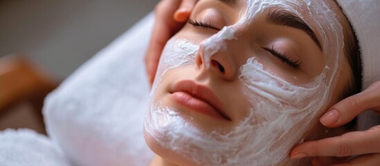 Sticker - Beauty treatment for women's skin; rejuvenating, facial peel therapy; medical skincare by a doctor using a facial cleanser.