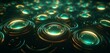 Neon light design with a series of emerald and gold circles on a richly textured 3D surface
