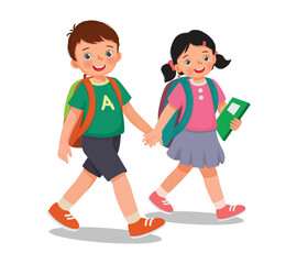 Poster - Cute little kids students with backpack go to school holding hands together