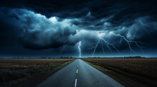 Empty Asphalt Road Towards Dramatic Dark Cloudy And Stormy Sky.Storm Clouds And Distant Lightning Strikes Over The Road, 